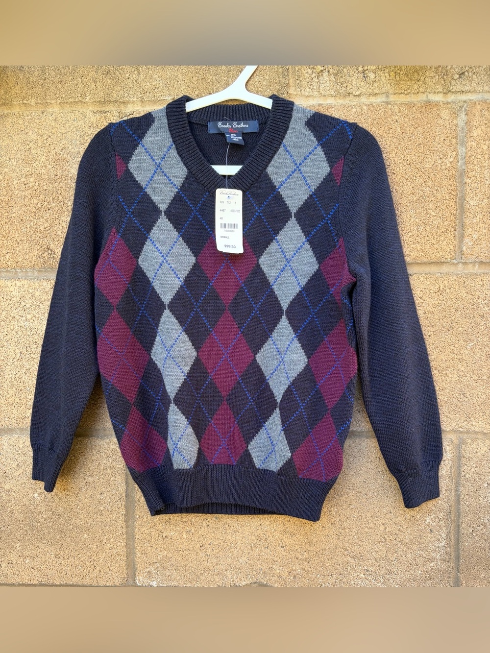 Brooks Brothers Kid’s XS Navy Gray Burgundy Argyle V-Neck Merino Wool Sweater